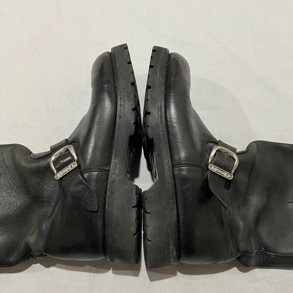 Moreno Mens Black Leather Biker Buckle Mid Calf Pull On Moto Boots Size 9 E